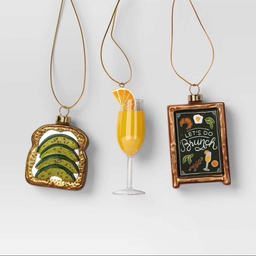 Wondershop 3 pc set Brunch Themed Hanging Ornaments, New!, mimosa, avocado toast